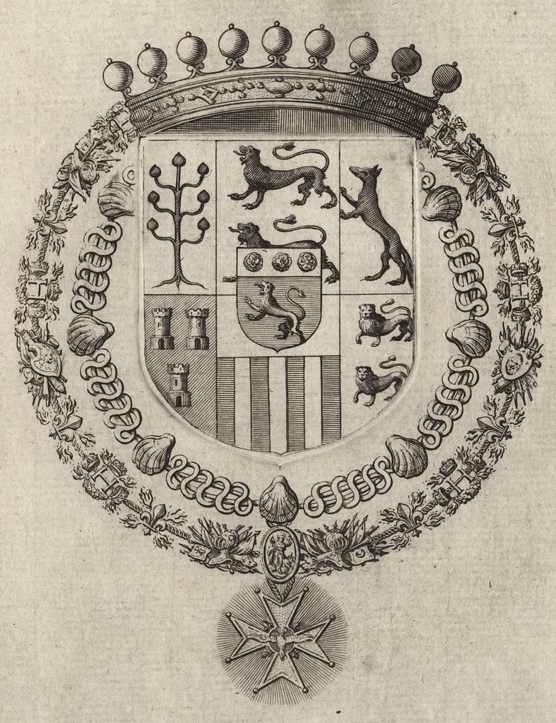An illustration from Les noms, surnoms, qualitez, armes, et blasons des cheualiers et officiers de l'Ordre du S. Esprit : creez par Louis le Iuste, XIII du nom, roy de France et de Navarre, a Fontainebleau, le 14 May 1633 : auec les figures en taille-douces, curieusement grauées, et representant au vray les ceremonies et vestemens desdits sieurs cheualiers : et vn ample discours sur ce qui s'y est passé, 1634, leaf 106
