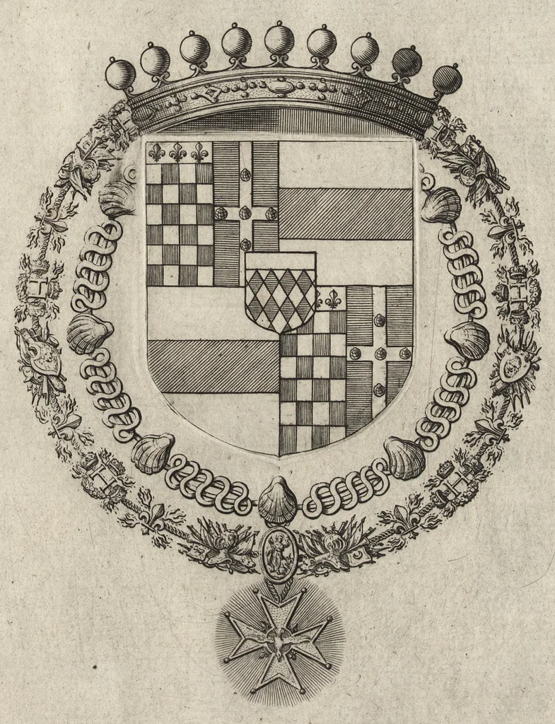 An illustration from Les noms, surnoms, qualitez, armes, et blasons des cheualiers et officiers de l'Ordre du S. Esprit : creez par Louis le Iuste, XIII du nom, roy de France et de Navarre, a Fontainebleau, le 14 May 1633 : auec les figures en taille-douces, curieusement grauées, et representant au vray les ceremonies et vestemens desdits sieurs cheualiers : et vn ample discours sur ce qui s'y est passé, 1634, leaf 110