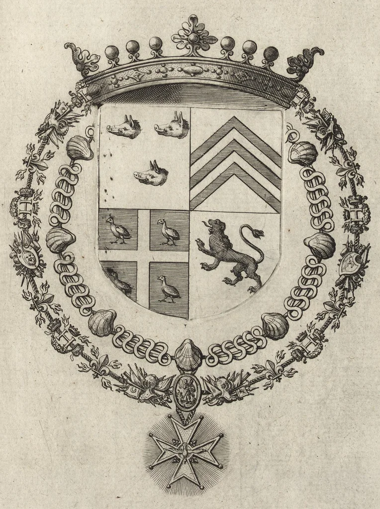 An illustration from Les noms, surnoms, qualitez, armes, et blasons des cheualiers et officiers de l'Ordre du S. Esprit : creez par Louis le Iuste, XIII du nom, roy de France et de Navarre, a Fontainebleau, le 14 May 1633 : auec les figures en taille-douces, curieusement grauées, et representant au vray les ceremonies et vestemens desdits sieurs cheualiers : et vn ample discours sur ce qui s'y est passé, 1634, leaf 114