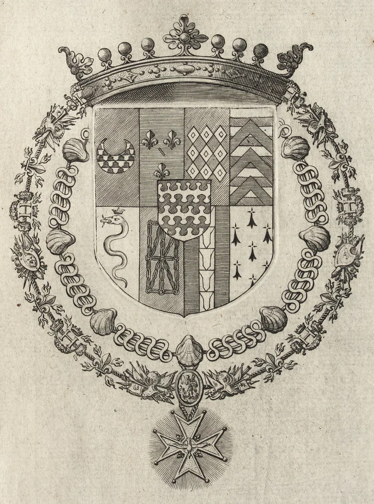 An illustration from Les noms, surnoms, qualitez, armes, et blasons des cheualiers et officiers de l'Ordre du S. Esprit : creez par Louis le Iuste, XIII du nom, roy de France et de Navarre, a Fontainebleau, le 14 May 1633 : auec les figures en taille-douces, curieusement grauées, et representant au vray les ceremonies et vestemens desdits sieurs cheualiers : et vn ample discours sur ce qui s'y est passé, 1634, leaf 118
