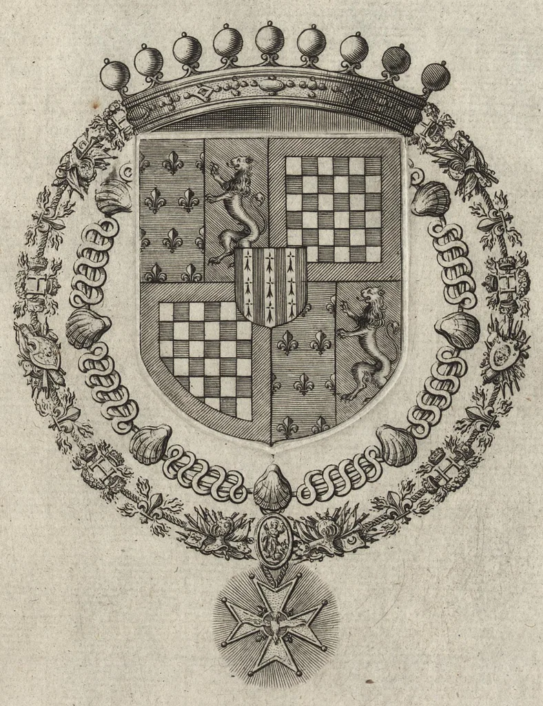 An illustration from Les noms, surnoms, qualitez, armes, et blasons des cheualiers et officiers de l'Ordre du S. Esprit : creez par Louis le Iuste, XIII du nom, roy de France et de Navarre, a Fontainebleau, le 14 May 1633 : auec les figures en taille-douces, curieusement grauées, et representant au vray les ceremonies et vestemens desdits sieurs cheualiers : et vn ample discours sur ce qui s'y est passé, 1634, leaf 122