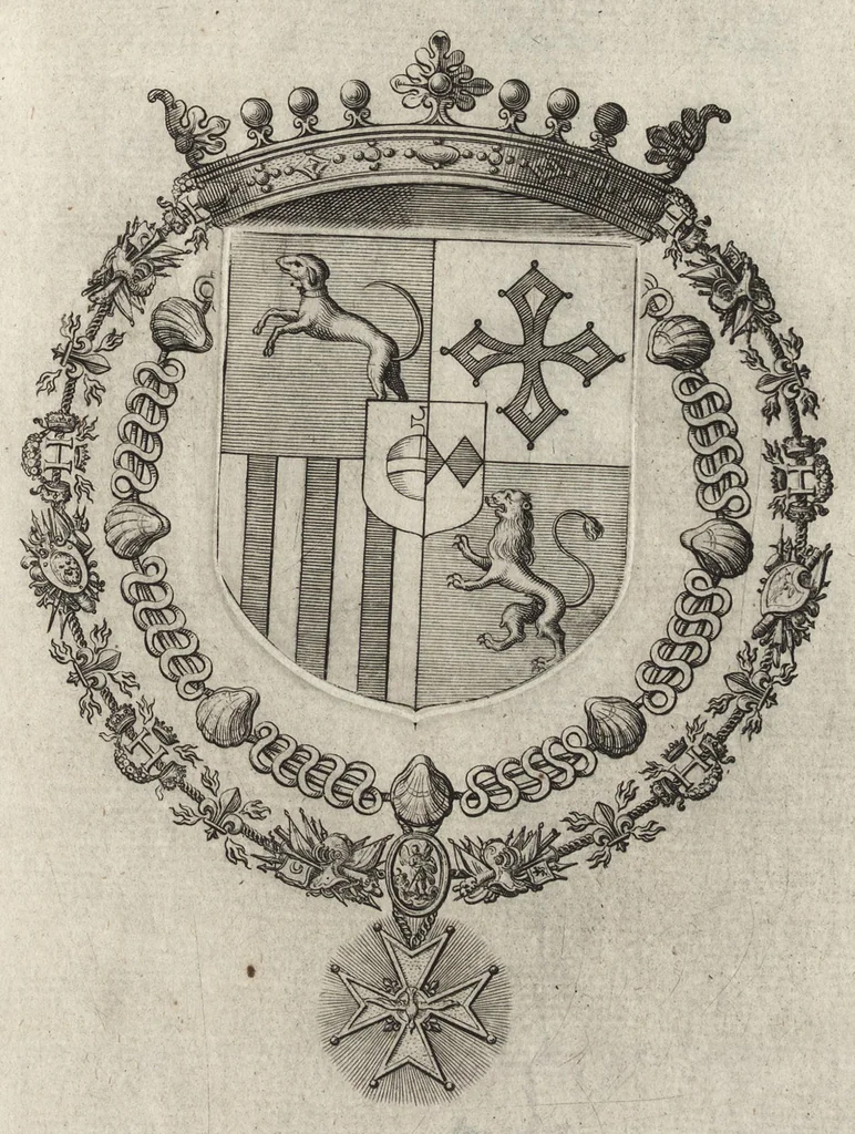 An illustration from Les noms, surnoms, qualitez, armes, et blasons des cheualiers et officiers de l'Ordre du S. Esprit : creez par Louis le Iuste, XIII du nom, roy de France et de Navarre, a Fontainebleau, le 14 May 1633 : auec les figures en taille-douces, curieusement grauées, et representant au vray les ceremonies et vestemens desdits sieurs cheualiers : et vn ample discours sur ce qui s'y est passé, 1634, leaf 128
