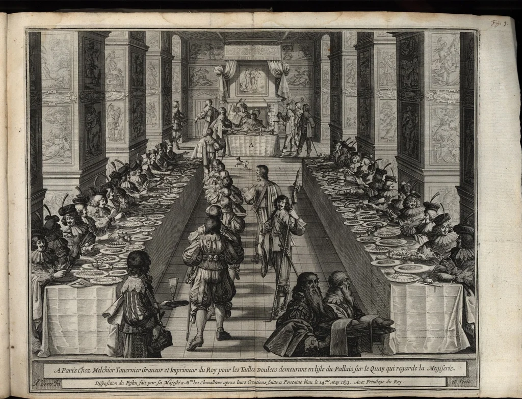 An illustration from Les noms, surnoms, qualitez, armes, et blasons des cheualiers et officiers de l'Ordre du S. Esprit : creez par Louis le Iuste, XIII du nom, roy de France et de Navarre, a Fontainebleau, le 14 May 1633 : auec les figures en taille-douces, curieusement grauées, et representant au vray les ceremonies et vestemens desdits sieurs cheualiers : et vn ample discours sur ce qui s'y est passé, 1634, leaf 28