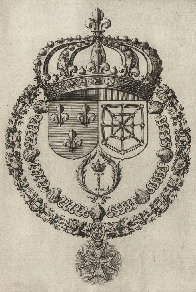An illustration from Les noms, surnoms, qualitez, armes, et blasons des cheualiers et officiers de l'Ordre du S. Esprit : creez par Louis le Iuste, XIII du nom, roy de France et de Navarre, a Fontainebleau, le 14 May 1633 : auec les figures en taille-douces, curieusement grauées, et representant au vray les ceremonies et vestemens desdits sieurs cheualiers : et vn ample discours sur ce qui s'y est passé, 1634, leaf 34