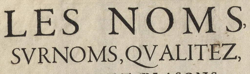 An illustration from Les noms, surnoms, qualitez, armes, et blasons des cheualiers et officiers de l'Ordre du S. Esprit : creez par Louis le Iuste, XIII du nom, roy de France et de Navarre, a Fontainebleau, le 14 May 1633 : auec les figures en taille-douces, curieusement grauées, et representant au vray les ceremonies et vestemens desdits sieurs cheualiers : et vn ample discours sur ce qui s'y est passé, 1634, leaf 4