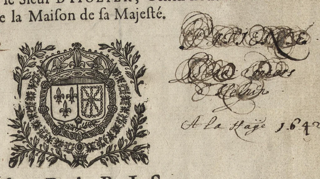 An illustration from Les noms, surnoms, qualitez, armes, et blasons des cheualiers et officiers de l'Ordre du S. Esprit : creez par Louis le Iuste, XIII du nom, roy de France et de Navarre, a Fontainebleau, le 14 May 1633 : auec les figures en taille-douces, curieusement grauées, et representant au vray les ceremonies et vestemens desdits sieurs cheualiers : et vn ample discours sur ce qui s'y est passé, 1634, leaf 4
