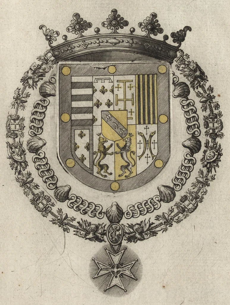 An illustration from Les noms, surnoms, qualitez, armes, et blasons des cheualiers et officiers de l'Ordre du S. Esprit : creez par Louis le Iuste, XIII du nom, roy de France et de Navarre, a Fontainebleau, le 14 May 1633 : auec les figures en taille-douces, curieusement grauées, et representant au vray les ceremonies et vestemens desdits sieurs cheualiers : et vn ample discours sur ce qui s'y est passé, 1634, leaf 52