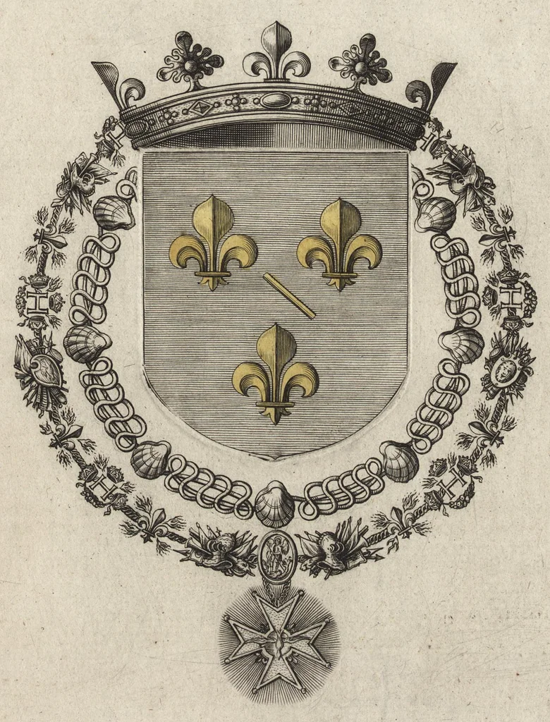An illustration from Les noms, surnoms, qualitez, armes, et blasons des cheualiers et officiers de l'Ordre du S. Esprit : creez par Louis le Iuste, XIII du nom, roy de France et de Navarre, a Fontainebleau, le 14 May 1633 : auec les figures en taille-douces, curieusement grauées, et representant au vray les ceremonies et vestemens desdits sieurs cheualiers : et vn ample discours sur ce qui s'y est passé, 1634, leaf 54