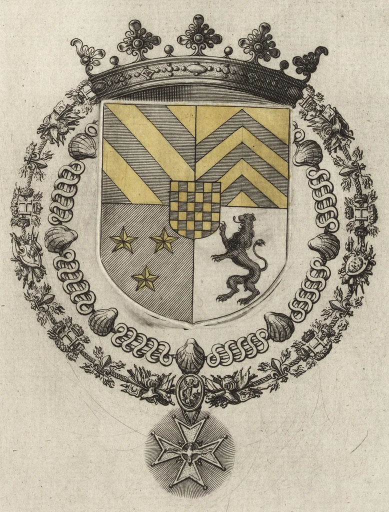 An illustration from Les noms, surnoms, qualitez, armes, et blasons des cheualiers et officiers de l'Ordre du S. Esprit : creez par Louis le Iuste, XIII du nom, roy de France et de Navarre, a Fontainebleau, le 14 May 1633 : auec les figures en taille-douces, curieusement grauées, et representant au vray les ceremonies et vestemens desdits sieurs cheualiers : et vn ample discours sur ce qui s'y est passé, 1634, leaf 58