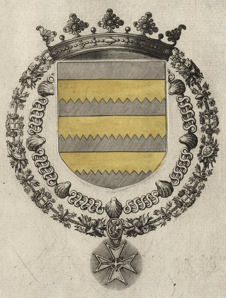 An illustration from Les noms, surnoms, qualitez, armes, et blasons des cheualiers et officiers de l'Ordre du S. Esprit : creez par Louis le Iuste, XIII du nom, roy de France et de Navarre, a Fontainebleau, le 14 May 1633 : auec les figures en taille-douces, curieusement grauées, et representant au vray les ceremonies et vestemens desdits sieurs cheualiers : et vn ample discours sur ce qui s'y est passé, 1634, leaf 64