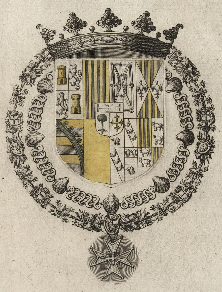 An illustration from Les noms, surnoms, qualitez, armes, et blasons des cheualiers et officiers de l'Ordre du S. Esprit : creez par Louis le Iuste, XIII du nom, roy de France et de Navarre, a Fontainebleau, le 14 May 1633 : auec les figures en taille-douces, curieusement grauées, et representant au vray les ceremonies et vestemens desdits sieurs cheualiers : et vn ample discours sur ce qui s'y est passé, 1634, leaf 66