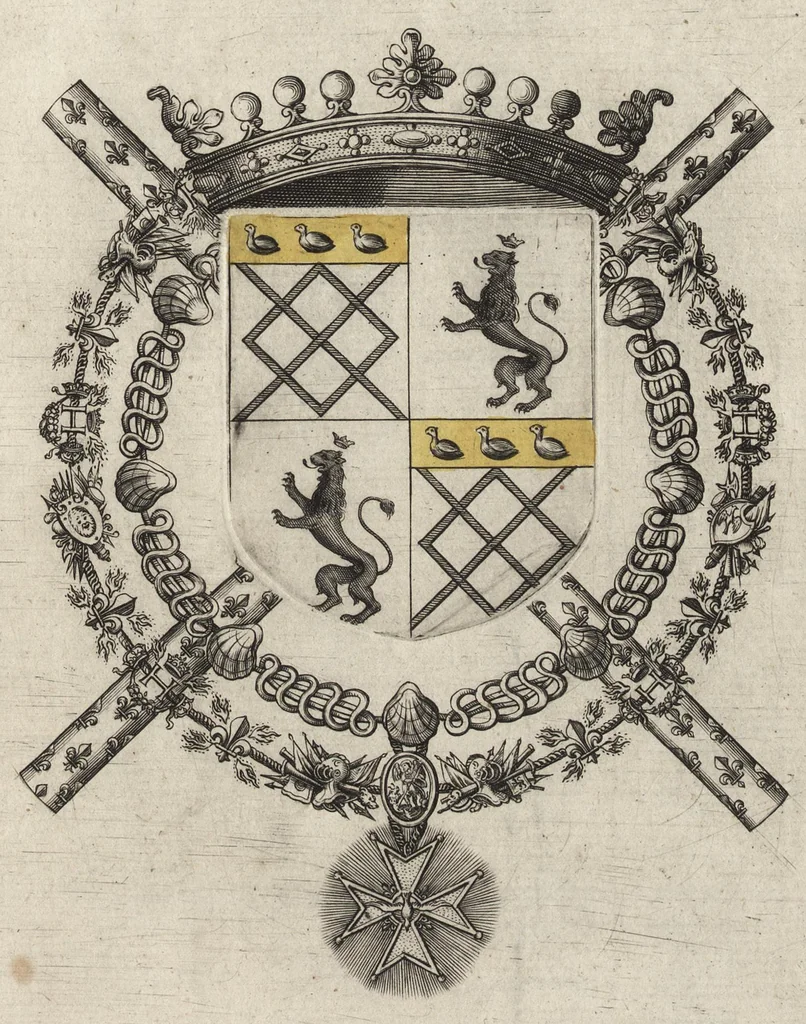 An illustration from Les noms, surnoms, qualitez, armes, et blasons des cheualiers et officiers de l'Ordre du S. Esprit : creez par Louis le Iuste, XIII du nom, roy de France et de Navarre, a Fontainebleau, le 14 May 1633 : auec les figures en taille-douces, curieusement grauées, et representant au vray les ceremonies et vestemens desdits sieurs cheualiers : et vn ample discours sur ce qui s'y est passé, 1634, leaf 70