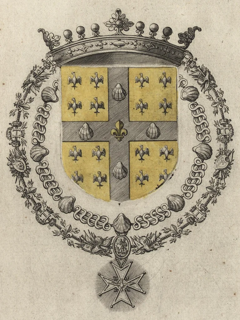 An illustration from Les noms, surnoms, qualitez, armes, et blasons des cheualiers et officiers de l'Ordre du S. Esprit : creez par Louis le Iuste, XIII du nom, roy de France et de Navarre, a Fontainebleau, le 14 May 1633 : auec les figures en taille-douces, curieusement grauées, et representant au vray les ceremonies et vestemens desdits sieurs cheualiers : et vn ample discours sur ce qui s'y est passé, 1634, leaf 78