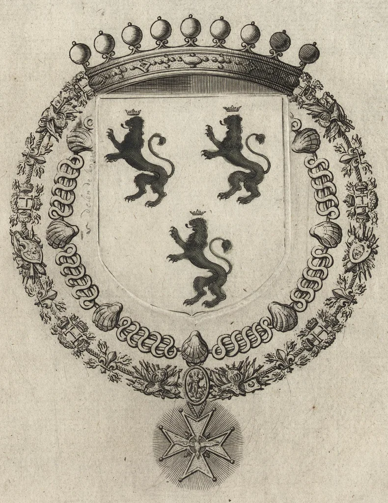 An illustration from Les noms, surnoms, qualitez, armes, et blasons des cheualiers et officiers de l'Ordre du S. Esprit : creez par Louis le Iuste, XIII du nom, roy de France et de Navarre, a Fontainebleau, le 14 May 1633 : auec les figures en taille-douces, curieusement grauées, et representant au vray les ceremonies et vestemens desdits sieurs cheualiers : et vn ample discours sur ce qui s'y est passé, 1634, leaf 82