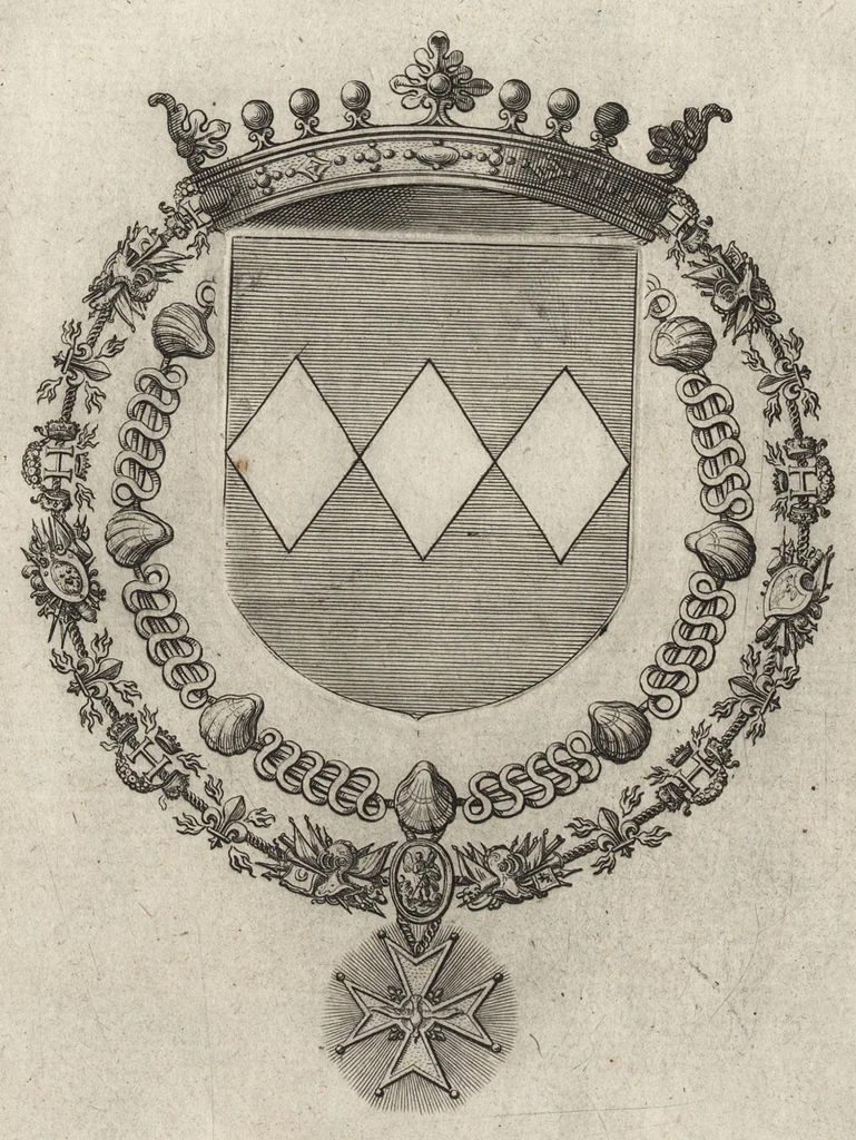 An illustration from Les noms, surnoms, qualitez, armes, et blasons des cheualiers et officiers de l'Ordre du S. Esprit : creez par Louis le Iuste, XIII du nom, roy de France et de Navarre, a Fontainebleau, le 14 May 1633 : auec les figures en taille-douces, curieusement grauées, et representant au vray les ceremonies et vestemens desdits sieurs cheualiers : et vn ample discours sur ce qui s'y est passé, 1634, leaf 84