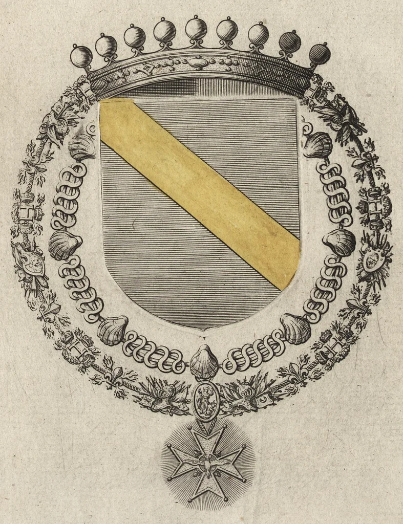An illustration from Les noms, surnoms, qualitez, armes, et blasons des cheualiers et officiers de l'Ordre du S. Esprit : creez par Louis le Iuste, XIII du nom, roy de France et de Navarre, a Fontainebleau, le 14 May 1633 : auec les figures en taille-douces, curieusement grauées, et representant au vray les ceremonies et vestemens desdits sieurs cheualiers : et vn ample discours sur ce qui s'y est passé, 1634, leaf 92
