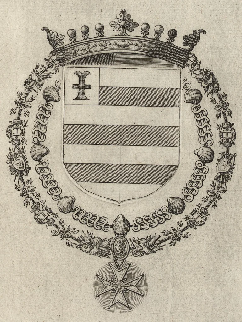 An illustration from Les noms, surnoms, qualitez, armes, et blasons des cheualiers et officiers de l'Ordre du S. Esprit : creez par Louis le Iuste, XIII du nom, roy de France et de Navarre, a Fontainebleau, le 14 May 1633 : auec les figures en taille-douces, curieusement grauées, et representant au vray les ceremonies et vestemens desdits sieurs cheualiers : et vn ample discours sur ce qui s'y est passé, 1634, leaf 98