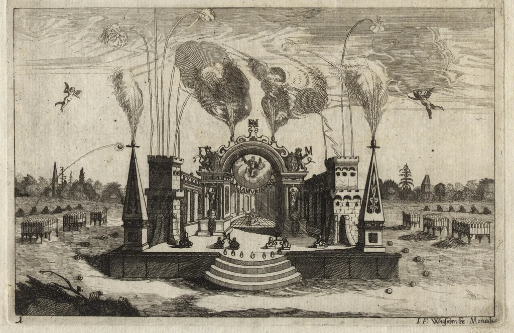 An illustration from Dem durchleichtigisten Fürsten vnd Herrn Herrn Maximilian Emmanuel in Ober- vnd Nidern Baijrn, auch der Obern Pfaltz Herzoge[n], Pfaltzgrafen beij Rhein, dess Heil. Röm. Reichs Ertztruchsess und Churfürsten, Landgraffen zu Leichtenberg &c, 1685, leaf 10