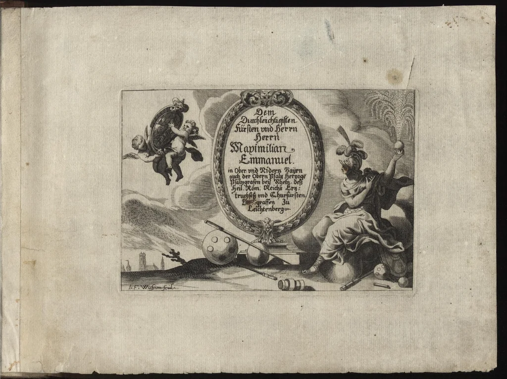 An illustration from Dem durchleichtigisten Fürsten vnd Herrn Herrn Maximilian Emmanuel in Ober- vnd Nidern Baijrn, auch der Obern Pfaltz Herzoge[n], Pfaltzgrafen beij Rhein, dess Heil. Röm. Reichs Ertztruchsess und Churfürsten, Landgraffen zu Leichtenberg &c, 1685, leaf 4