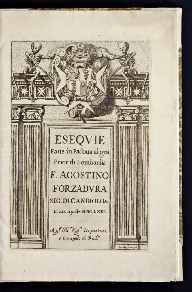 An illustration from Esequie fatte in Padoua al gra[nde] prior di Lombardia f. Agostino Forzadura, sig. di Candiolo &c., li xix aprile M.DC.LXIII, 1663, leaf 4