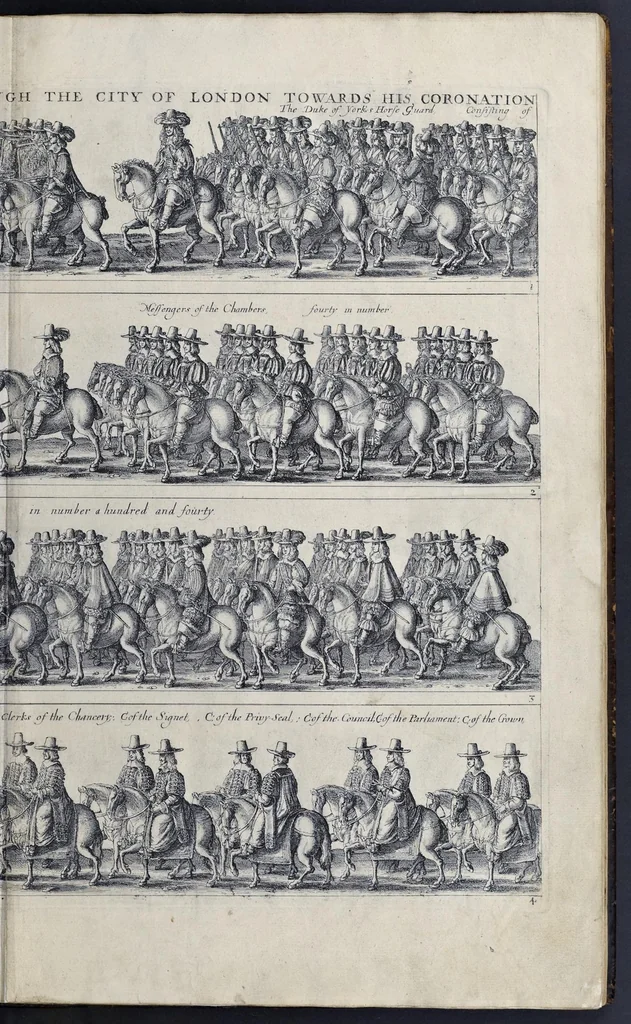 An illustration from The entertainment of his most excellent majestie Charles II, in his passage through the city of London to his coronation : containing an exact account of the whole solemnity, the triumphal arches, and cavalcade delineated in sculpture ; the speeches and impresses illustrated from antiquity : to these is added a brief narrative of His Majestie's solemn coronation : with his magnificent proceedings, and royal feast in Westminster-Hall, 1662, leaf 12