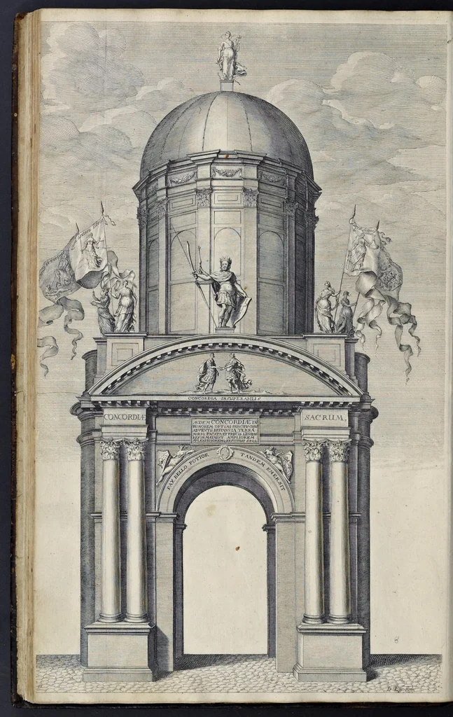 An illustration from The entertainment of his most excellent majestie Charles II, in his passage through the city of London to his coronation : containing an exact account of the whole solemnity, the triumphal arches, and cavalcade delineated in sculpture ; the speeches and impresses illustrated from antiquity : to these is added a brief narrative of His Majestie's solemn coronation : with his magnificent proceedings, and royal feast in Westminster-Hall, 1662, leaf 149