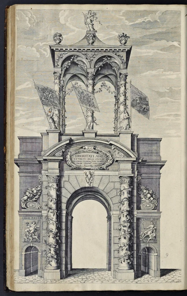 An illustration from The entertainment of his most excellent majestie Charles II, in his passage through the city of London to his coronation : containing an exact account of the whole solemnity, the triumphal arches, and cavalcade delineated in sculpture ; the speeches and impresses illustrated from antiquity : to these is added a brief narrative of His Majestie's solemn coronation : with his magnificent proceedings, and royal feast in Westminster-Hall, 1662, leaf 179