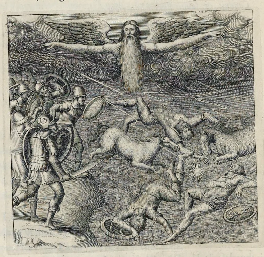 An illustration from The entertainment of his most excellent majestie Charles II, in his passage through the city of London to his coronation : containing an exact account of the whole solemnity, the triumphal arches, and cavalcade delineated in sculpture ; the speeches and impresses illustrated from antiquity : to these is added a brief narrative of His Majestie's solemn coronation : with his magnificent proceedings, and royal feast in Westminster-Hall, 1662, leaf 203