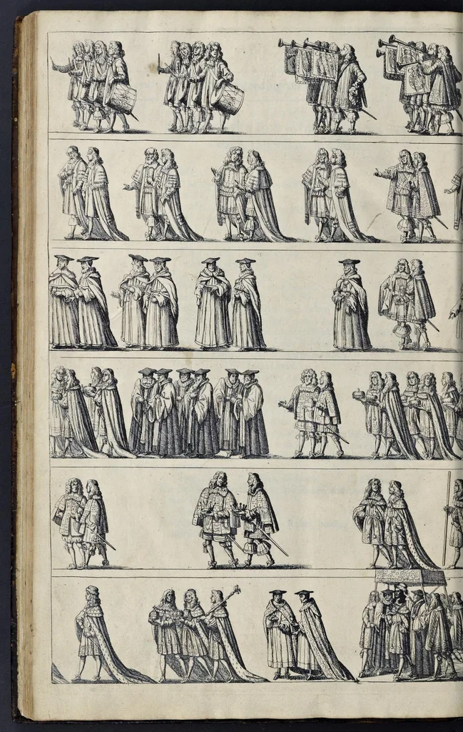 An illustration from The entertainment of his most excellent majestie Charles II, in his passage through the city of London to his coronation : containing an exact account of the whole solemnity, the triumphal arches, and cavalcade delineated in sculpture ; the speeches and impresses illustrated from antiquity : to these is added a brief narrative of His Majestie's solemn coronation : with his magnificent proceedings, and royal feast in Westminster-Hall, 1662, leaf 215