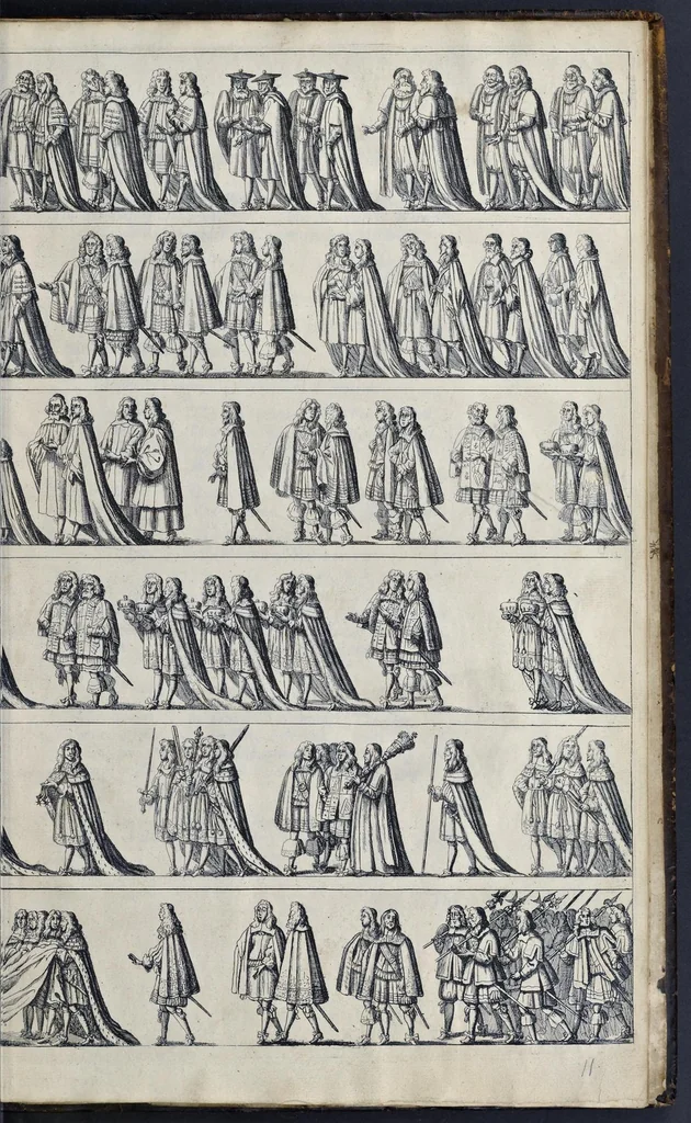 An illustration from The entertainment of his most excellent majestie Charles II, in his passage through the city of London to his coronation : containing an exact account of the whole solemnity, the triumphal arches, and cavalcade delineated in sculpture ; the speeches and impresses illustrated from antiquity : to these is added a brief narrative of His Majestie's solemn coronation : with his magnificent proceedings, and royal feast in Westminster-Hall, 1662, leaf 216