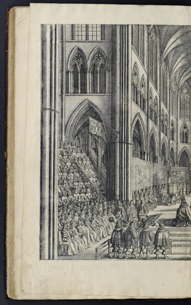 An illustration from The entertainment of his most excellent majestie Charles II, in his passage through the city of London to his coronation : containing an exact account of the whole solemnity, the triumphal arches, and cavalcade delineated in sculpture ; the speeches and impresses illustrated from antiquity : to these is added a brief narrative of His Majestie's solemn coronation : with his magnificent proceedings, and royal feast in Westminster-Hall, 1662, leaf 233