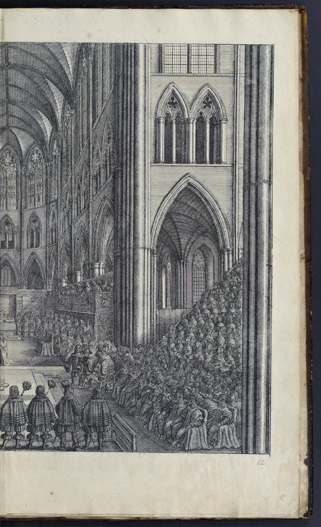 An illustration from The entertainment of his most excellent majestie Charles II, in his passage through the city of London to his coronation : containing an exact account of the whole solemnity, the triumphal arches, and cavalcade delineated in sculpture ; the speeches and impresses illustrated from antiquity : to these is added a brief narrative of His Majestie's solemn coronation : with his magnificent proceedings, and royal feast in Westminster-Hall, 1662, leaf 234