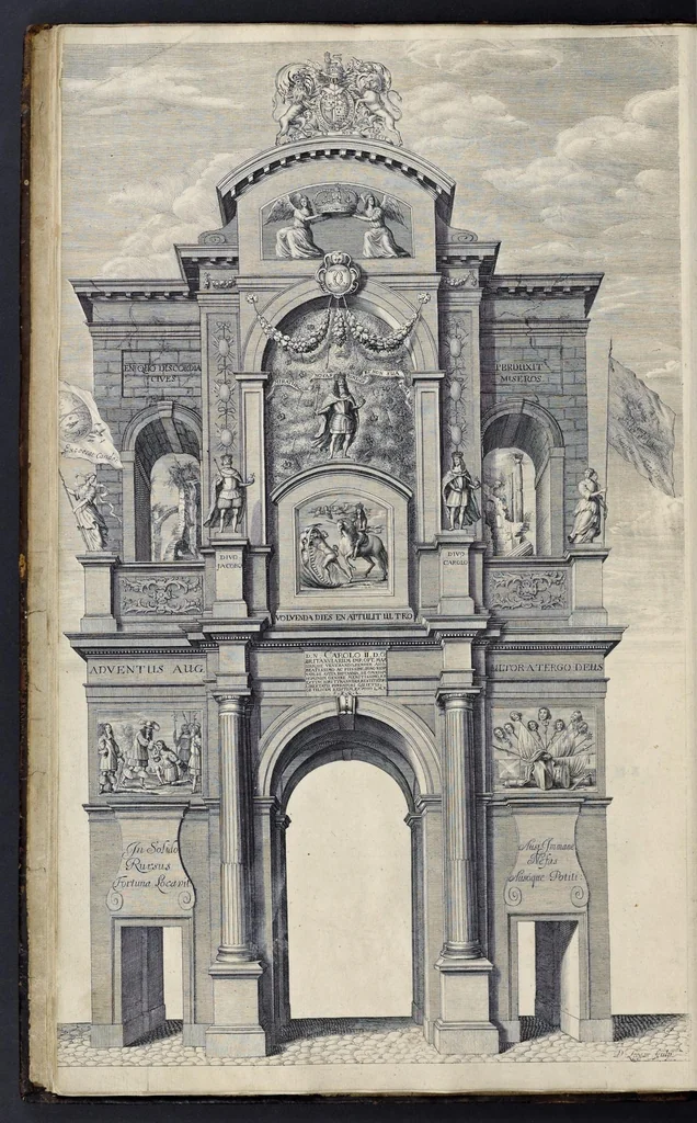An illustration from The entertainment of his most excellent majestie Charles II, in his passage through the city of London to his coronation : containing an exact account of the whole solemnity, the triumphal arches, and cavalcade delineated in sculpture ; the speeches and impresses illustrated from antiquity : to these is added a brief narrative of His Majestie's solemn coronation : with his magnificent proceedings, and royal feast in Westminster-Hall, 1662, leaf 43