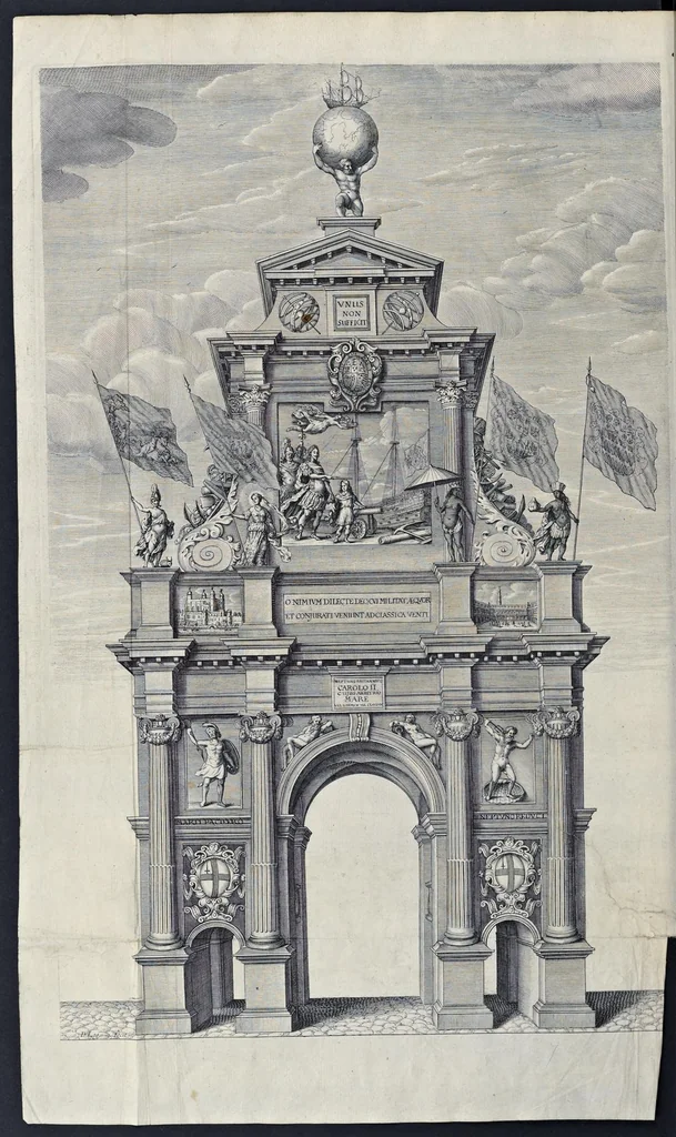 An illustration from The entertainment of his most excellent majestie Charles II, in his passage through the city of London to his coronation : containing an exact account of the whole solemnity, the triumphal arches, and cavalcade delineated in sculpture ; the speeches and impresses illustrated from antiquity : to these is added a brief narrative of His Majestie's solemn coronation : with his magnificent proceedings, and royal feast in Westminster-Hall, 1662, leaf 79