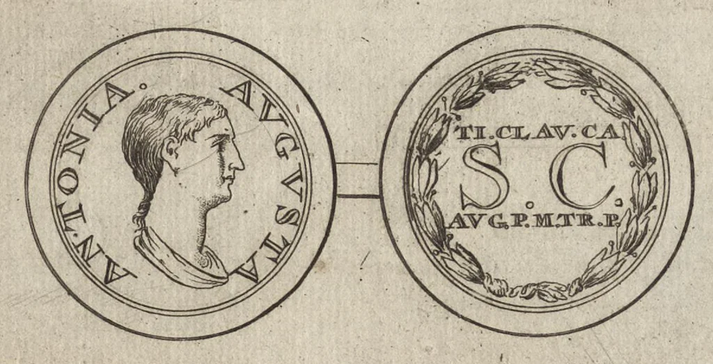 An illustration from Numismata imperatorum romanorum praestantiora a Julio Caesare ad Postumum et tyrannos, 1694, leaf 34