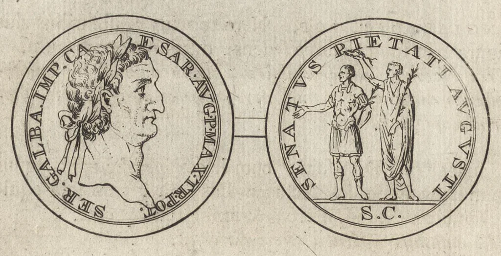 An illustration from Numismata imperatorum romanorum praestantiora a Julio Caesare ad Postumum et tyrannos, 1694, leaf 43