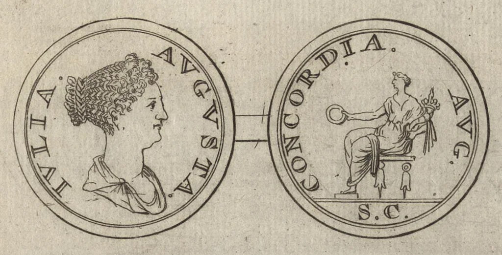 An illustration from Numismata imperatorum romanorum praestantiora a Julio Caesare ad Postumum et tyrannos, 1694, leaf 58