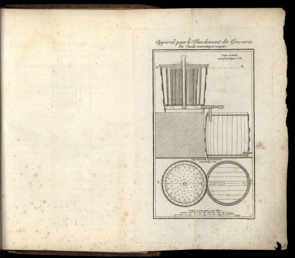An illustration from Cours théorique et pratique sur l'art de la teinture en laine, soie, fil, coton, fabrique d'indienne en grand et petit teint : suivi de l'art du teinturier dégraisseur et du blanchîment des toiles, fils, coton, chanvre, lin, gravures, etc., par l'acide muriatique oxigéné, 1818, leaf 408