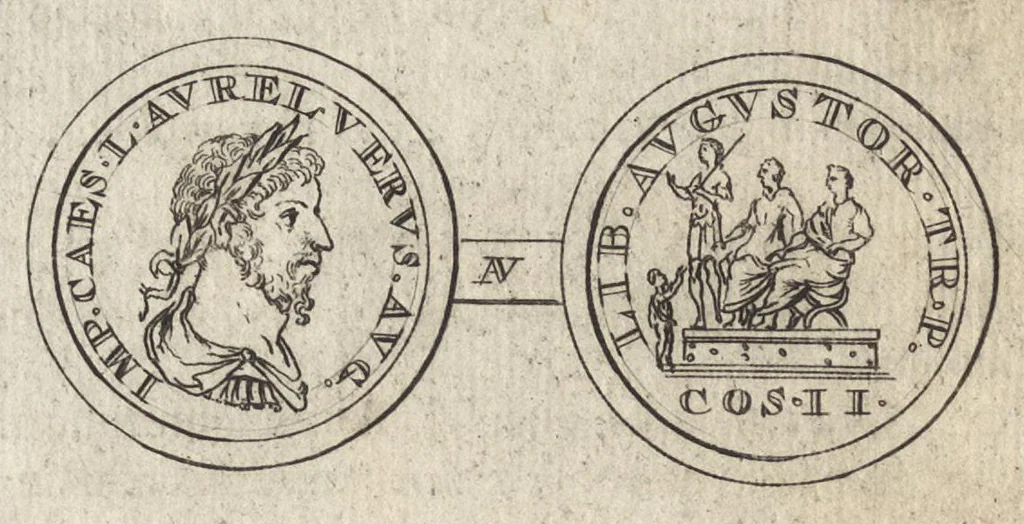 An illustration from Numismata imperatorum romanorum praestantiora a Julio Caesare ad Postumum et tyrannos, 1694, leaf 197