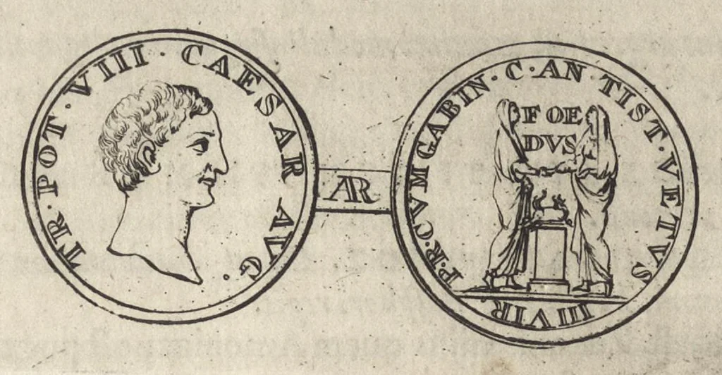 An illustration from Numismata imperatorum romanorum praestantiora a Julio Caesare ad Postumum et tyrannos, 1694, leaf 33