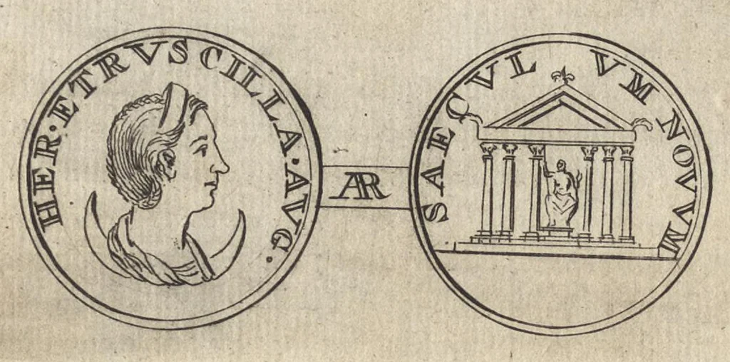 An illustration from Numismata imperatorum romanorum praestantiora a Julio Caesare ad Postumum et tyrannos, 1694, leaf 351