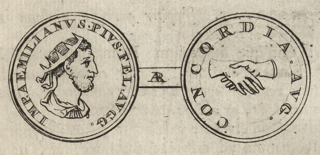 An illustration from Numismata imperatorum romanorum praestantiora a Julio Caesare ad Postumum et tyrannos, 1694, leaf 366
