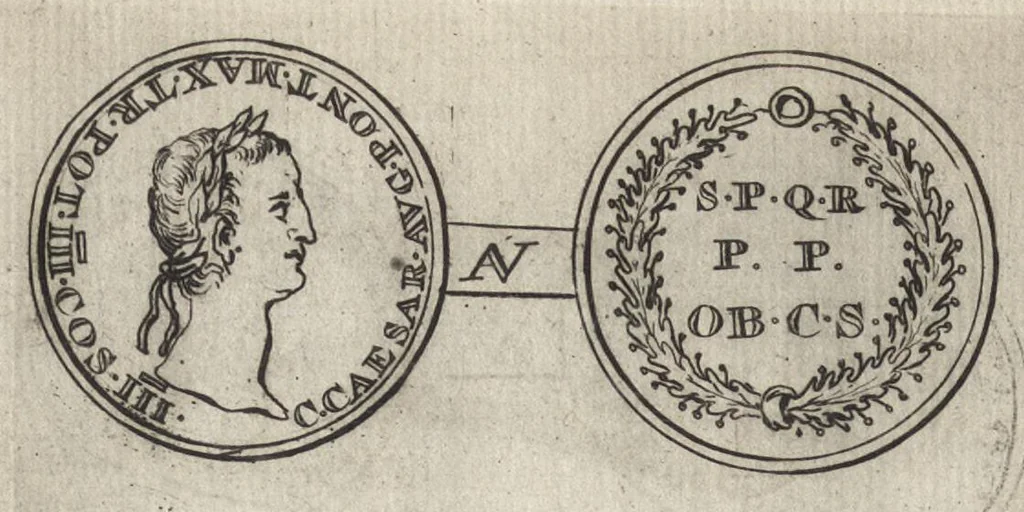 An illustration from Numismata imperatorum romanorum praestantiora a Julio Caesare ad Postumum et tyrannos, 1694, leaf 67