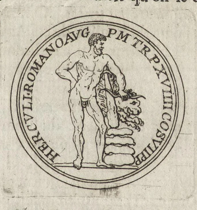 An illustration from Les Cesars de l'empereur Julien : traduits du grec, avec des remarques & des preuves illustrées par les médailles, & autres anciens monumens, 1683, leaf 156