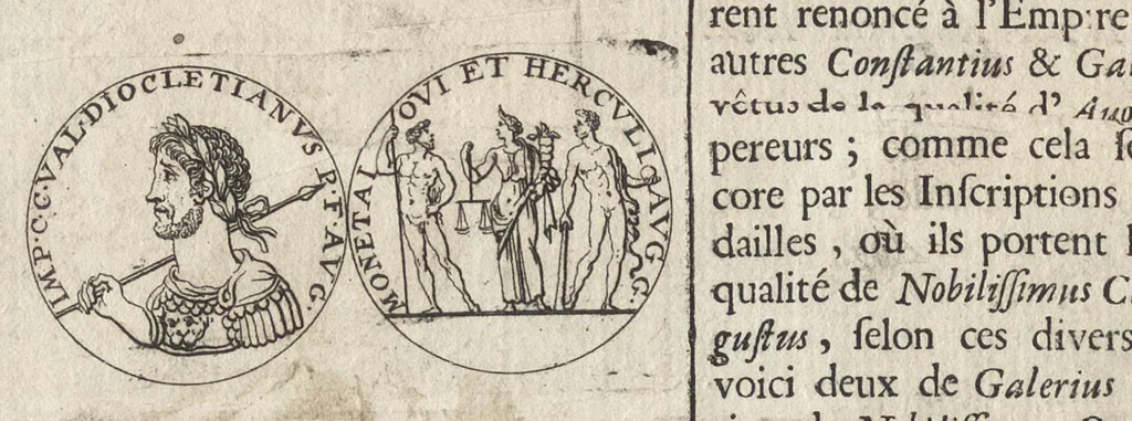 An illustration from Les Cesars de l'empereur Julien : traduits du grec, avec des remarques & des preuves illustrées par les médailles, & autres anciens monumens, 1683, leaf 189