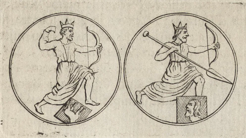 An illustration from Les Cesars de l'empereur Julien : traduits du grec, avec des remarques & des preuves illustrées par les médailles, & autres anciens monumens, 1683, leaf 476
