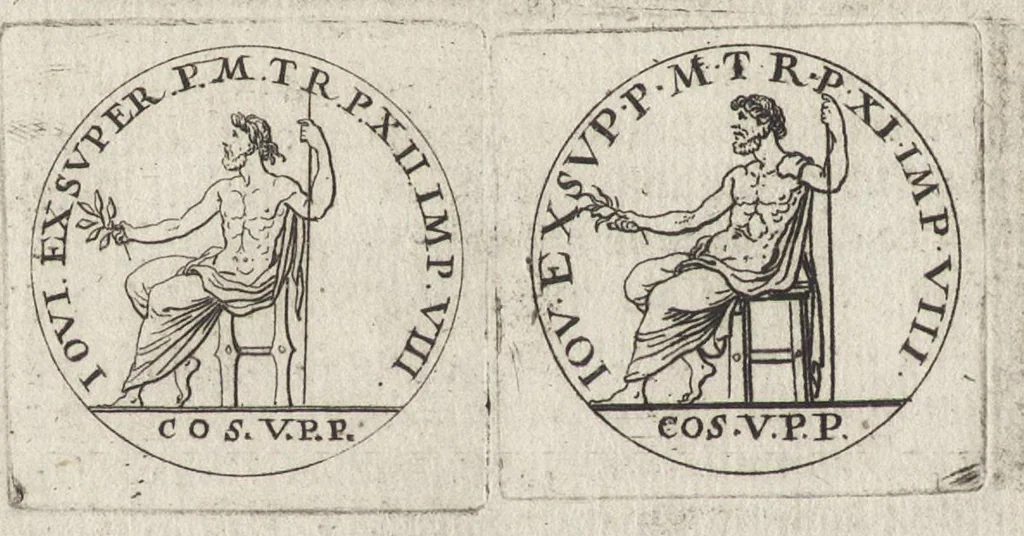 An illustration from Les Cesars de l'empereur Julien : traduits du grec, avec des remarques & des preuves illustrées par les médailles, & autres anciens monumens, 1683, leaf 489