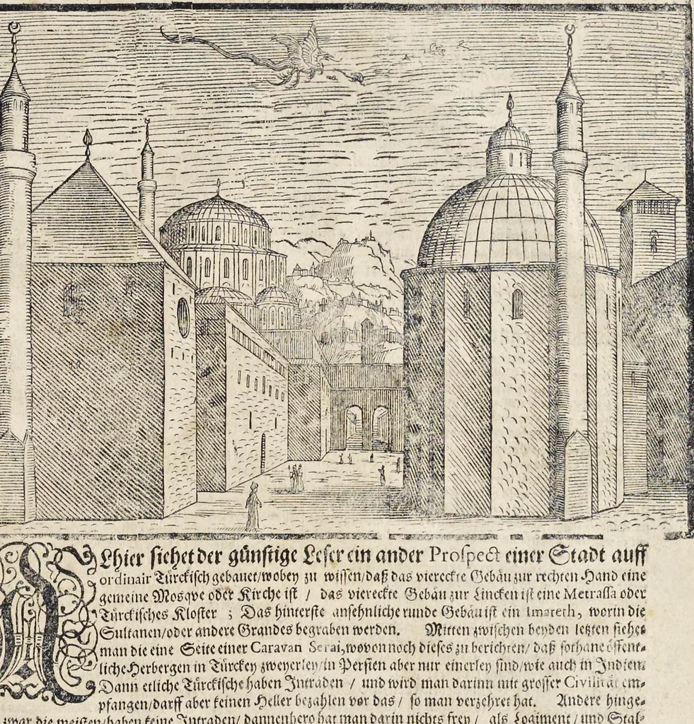 An illustration from Türckischer Estaats- und Krieges- Bericht, oder, Eine kurtze und gründliche Beschreibung des türckischen Käysers, Grosz- und anderer Veziers, Militz, Land und Leuten, Gewonheiten, Krieges- und Lebens-Arth, Gewehr, Kleydung, and was davon ferner zu berichten nötig, 1683, leaf 180