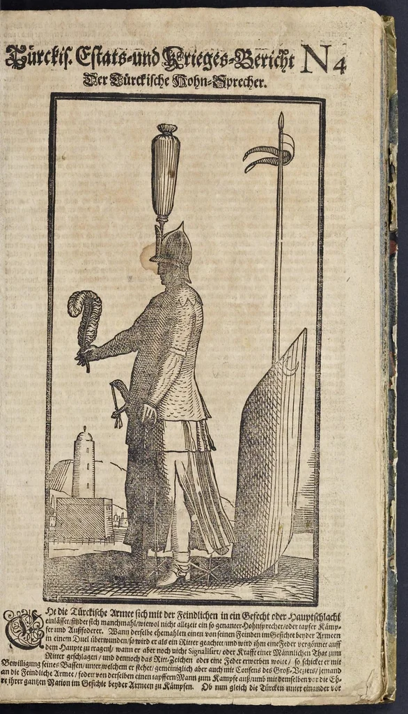 An illustration from Türckischer Estaats- und Krieges- Bericht, oder, Eine kurtze und gründliche Beschreibung des türckischen Käysers, Grosz- und anderer Veziers, Militz, Land und Leuten, Gewonheiten, Krieges- und Lebens-Arth, Gewehr, Kleydung, and was davon ferner zu berichten nötig, 1683, leaf 6