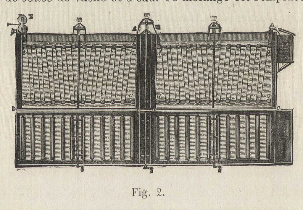 An illustration from Traité de la teinture des tissus et de l'impression du calicot : comprenant les derniers perfectionnements apportés dans la préparation et l'emploi des couleurs d'aniline : ouvrage illustré de gravures sur bois et de nombreux échantillons d'étoffes teintes et imprimées, 1875, leaf 97